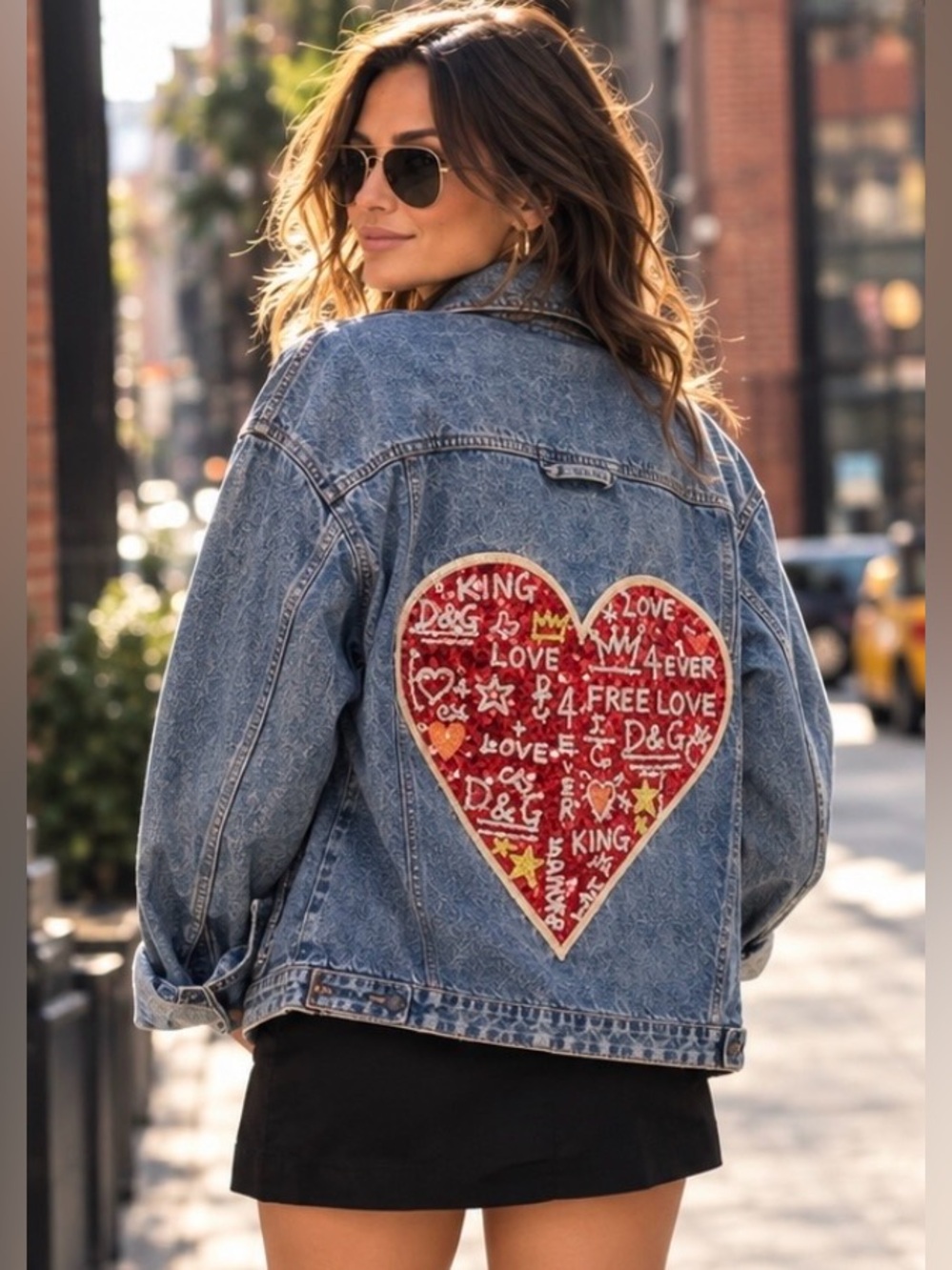 NWT Trucker ❤️ Sequin Heart Handmade One of a Kind Jean Jacket Petite